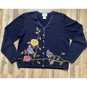 Vintage Susan Bristol Sweater Women Medium Navy Cardigan Embroidered Grannycore